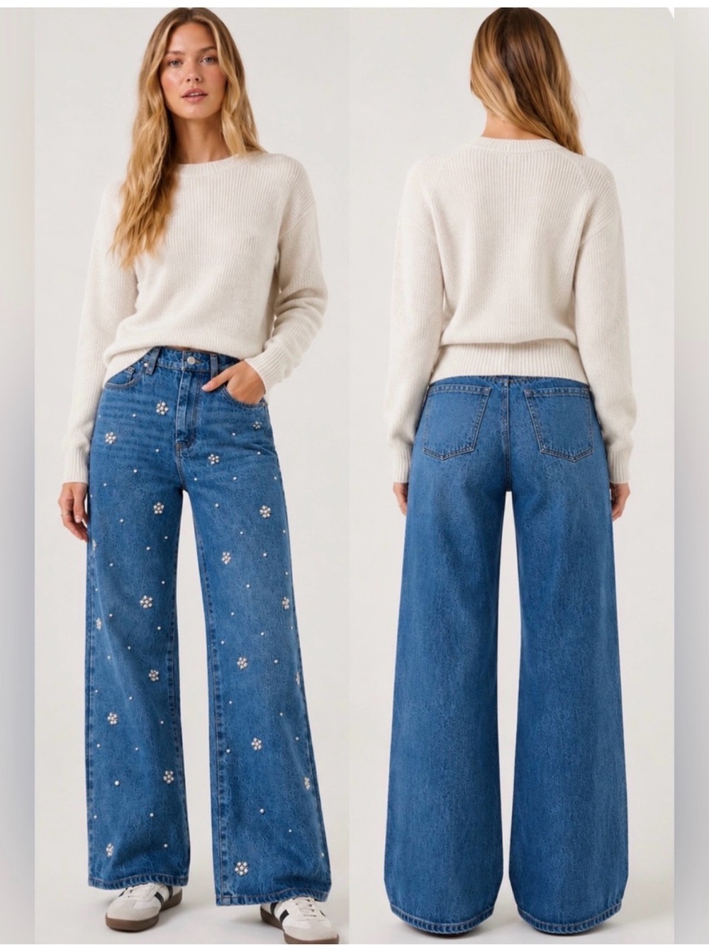 Blank NYC Blue Wide-Leg Embellished Jeans